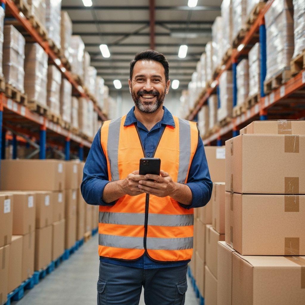 Repositor profissional em armazém usando celular